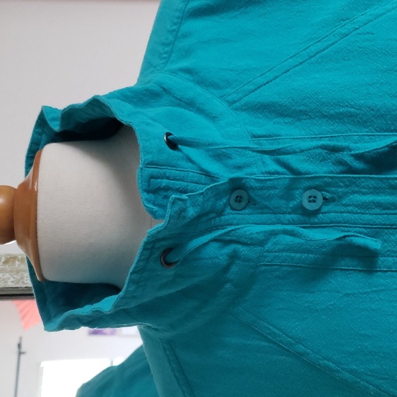 Chico's 100% Cotton Turquoise Drawstring Short Sleeve Top Size Large - Picture 9 of 13